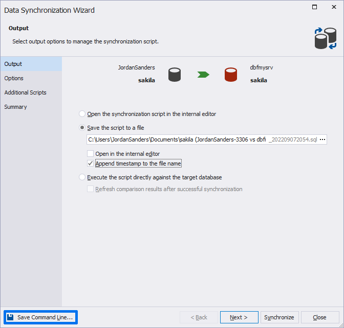 Save Command Line button in the Schema Synchronization wizard