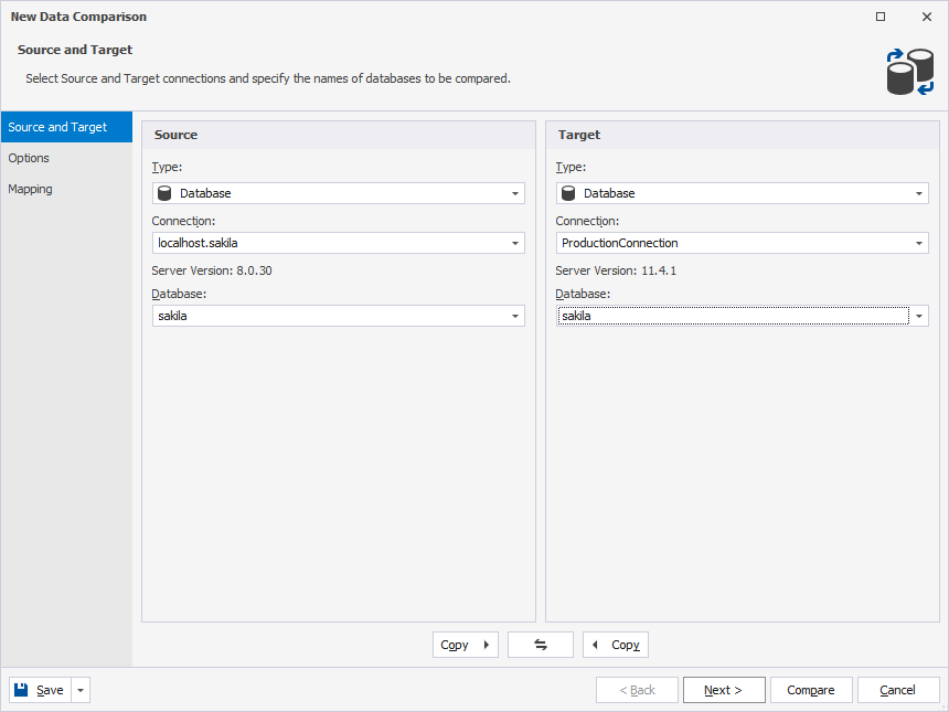 Select databases as source and target