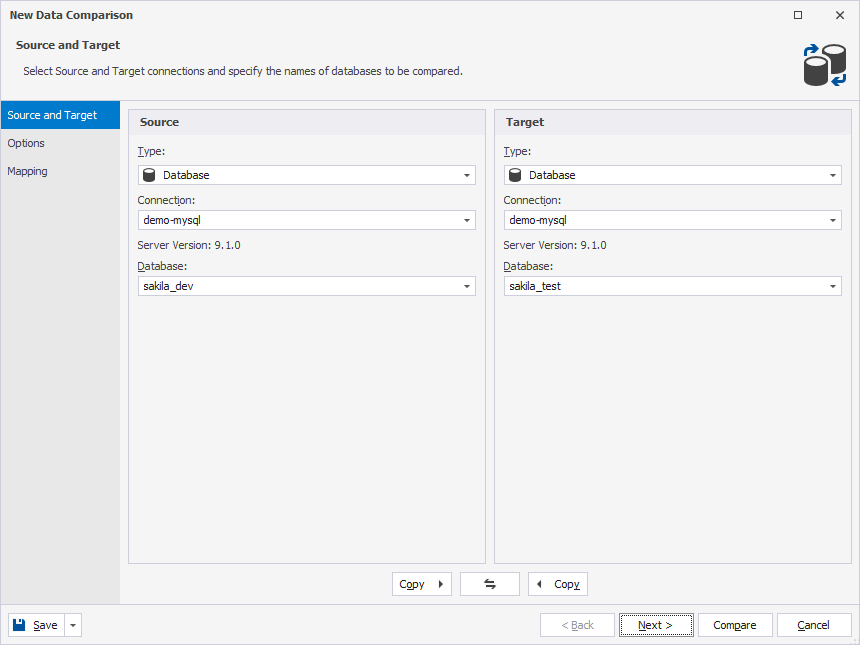 Select source and target databases