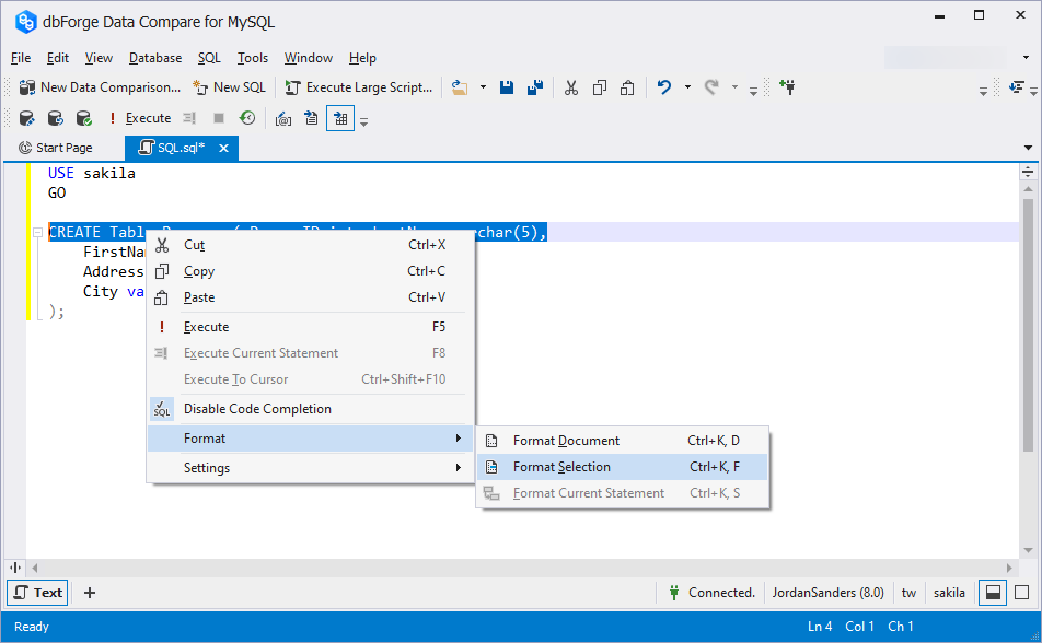 Working with SQL formatting