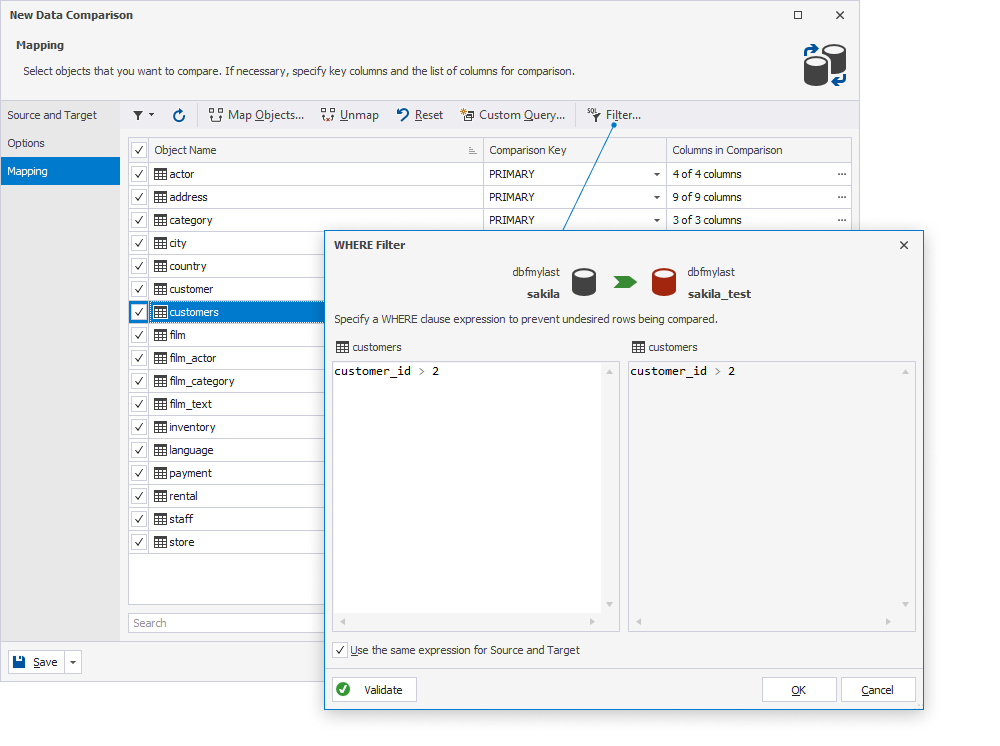 Select the database object to which you want to apply the filter