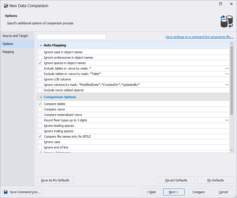 Data Comparison Options