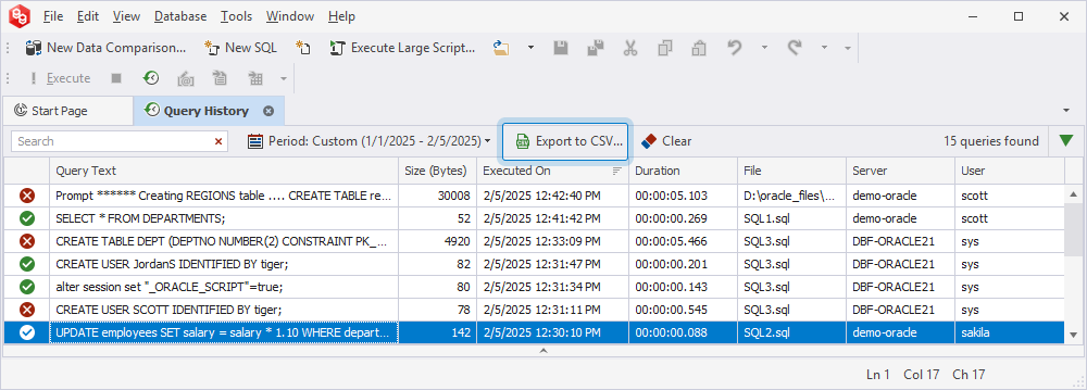 Export query history to a .csv file