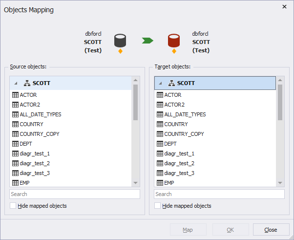 Objects Mapping dialog