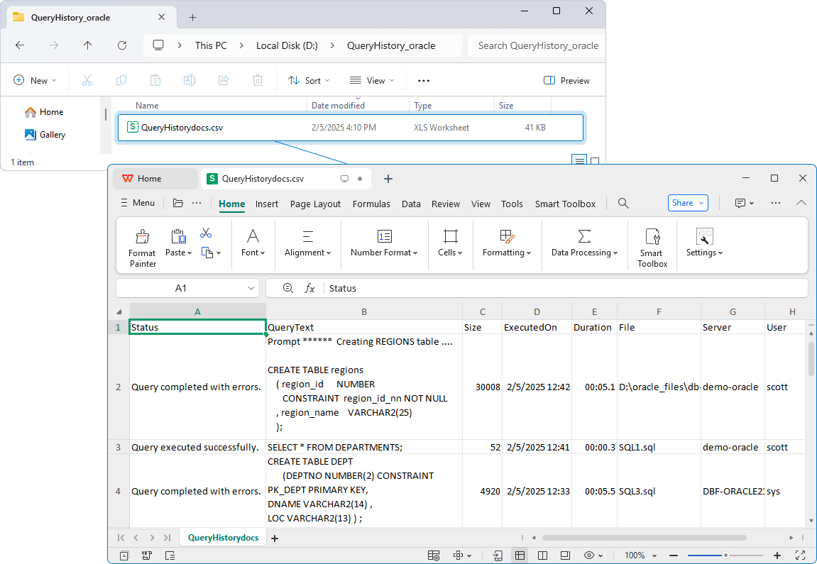 Result - .csv file with query history