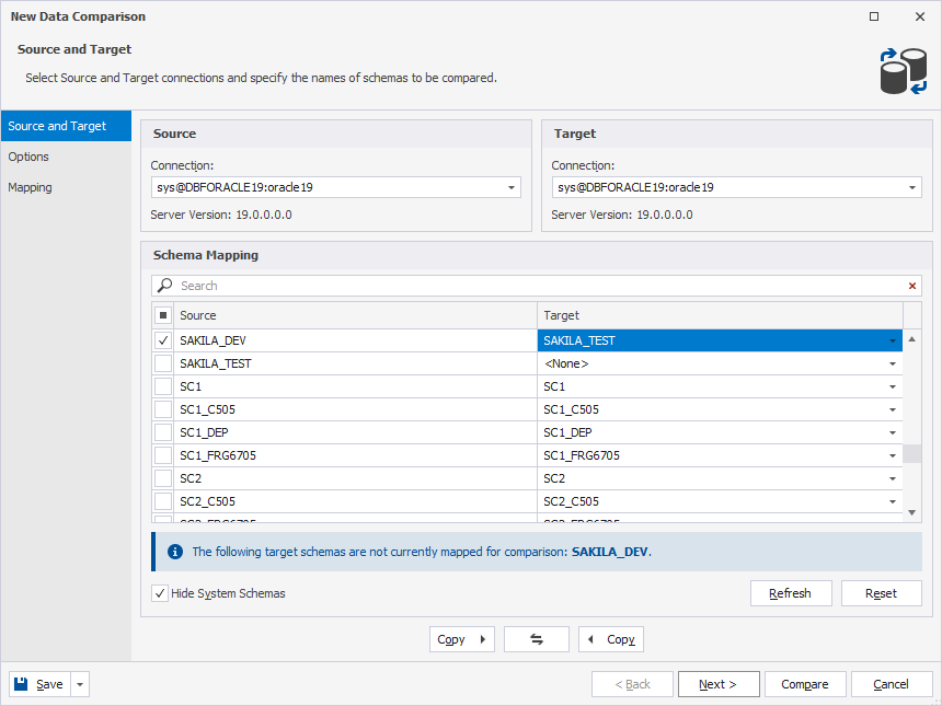 Select source and target databases