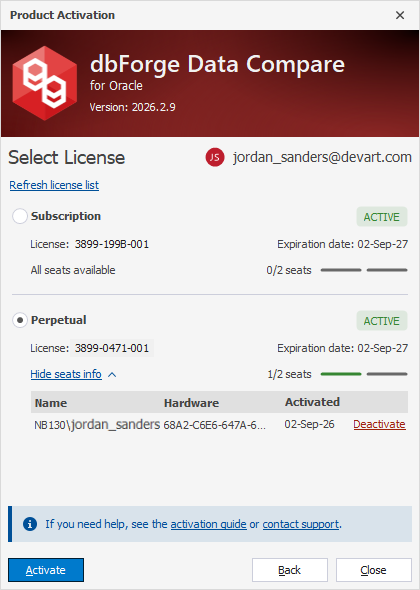 The Product Activation dialog - Multiple licenses