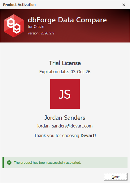 The Product Activation dialog - Successful activation of a trial license