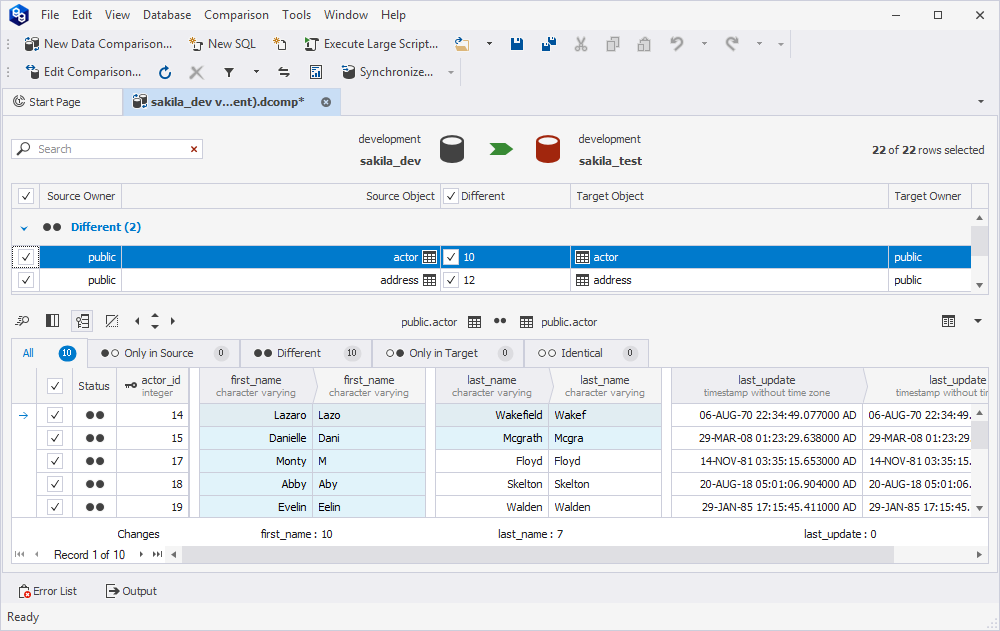 Analyze records on the Different tab of the bottom grid