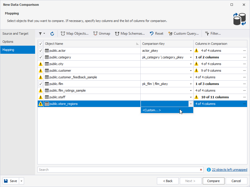 Select the Custom option for the comparison key column