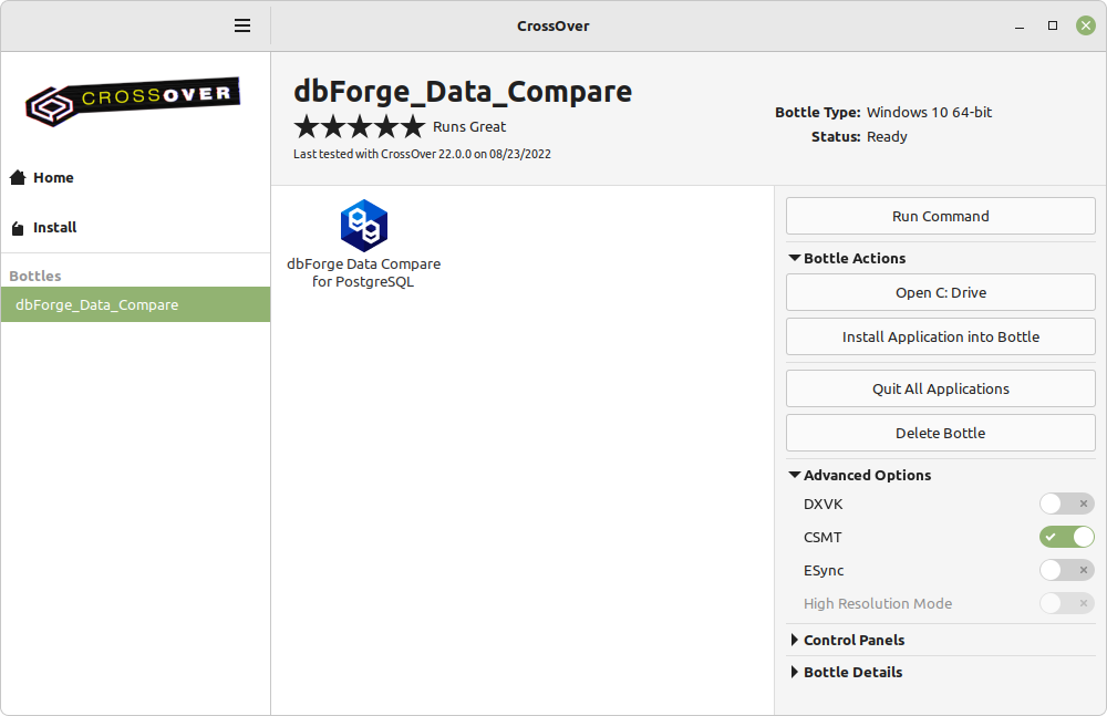 dbForge Data Compare for PostgreSQL installed in the bottle