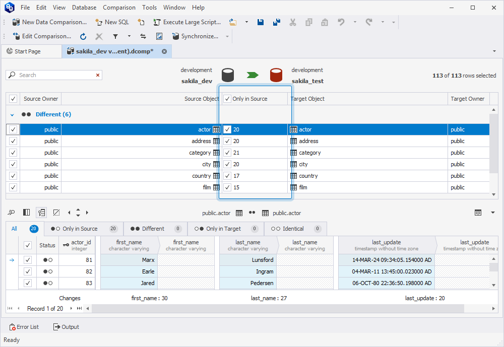 Data comparison document with the Only in Source records