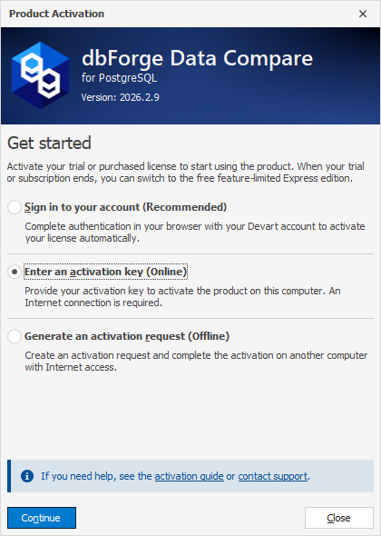 Select the Enter activation key option