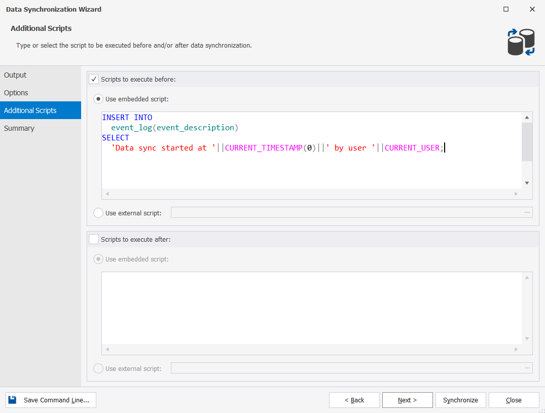 Insert scripts to be used before schema synchronization