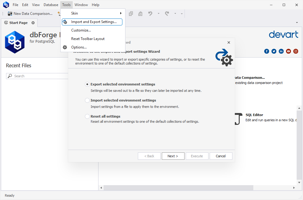 Import and Export Settings Wizard