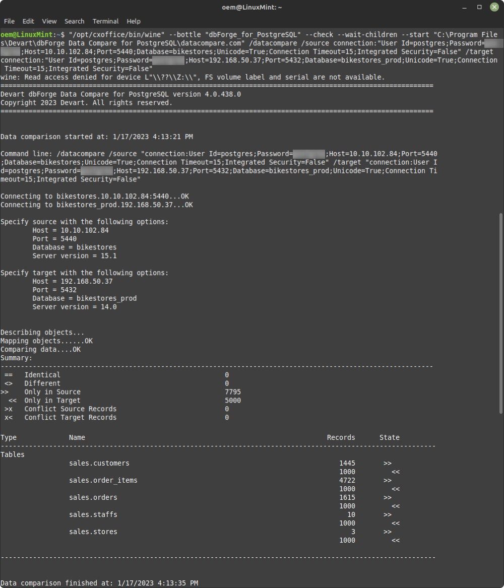 Data comparison from CLI