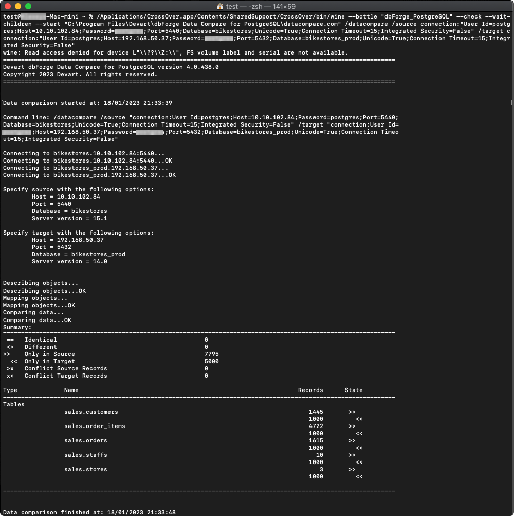 Data comparison from CLI
