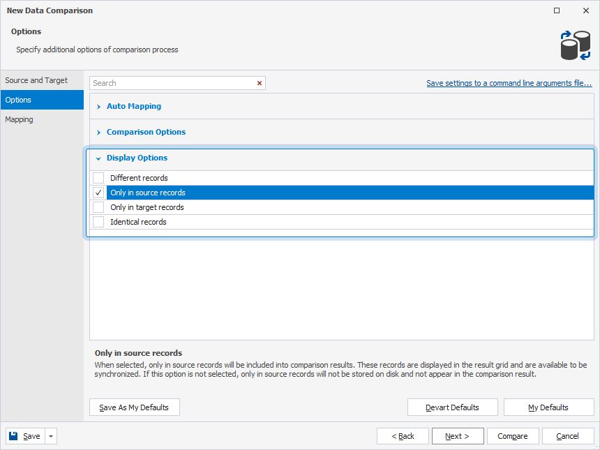 Exclude the records that exist only in the source database
