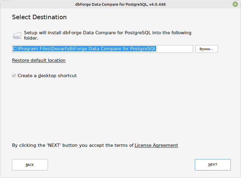 Select Destination page