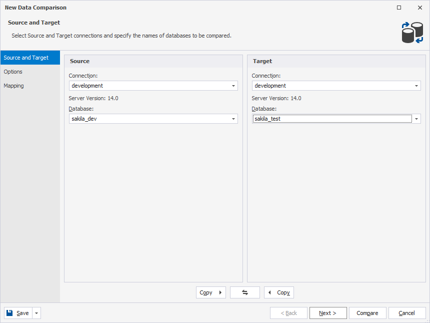 Select source and target databases