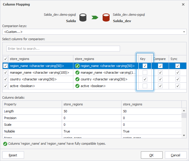 Select comparison keys for multiple columns