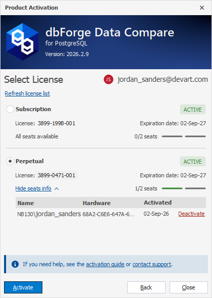 The Product Activation dialog - Multiple licenses