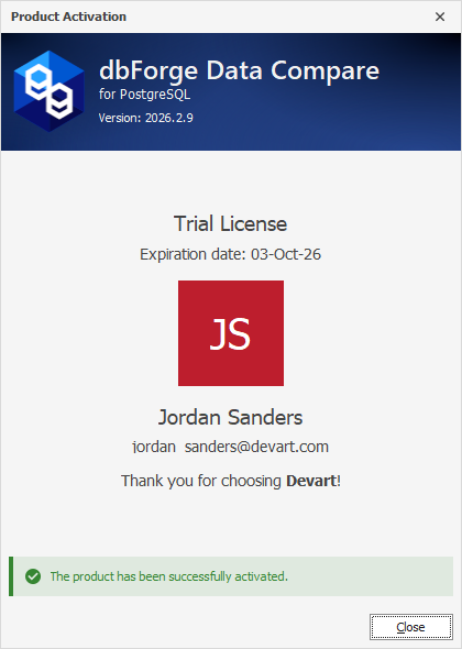 The Product Activation dialog - Successful activation of a trial license