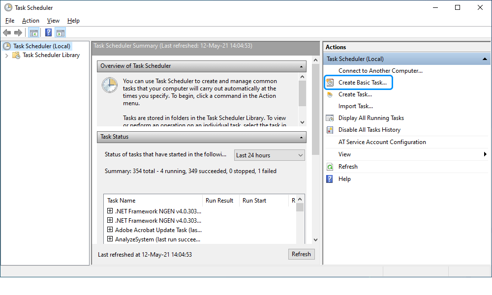 Click Create Basic Task in Windows Task Scheduler