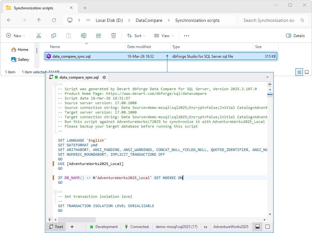 Generated SQL synchronization script showing updated USE statement and DB_NAME() check with the new target database name