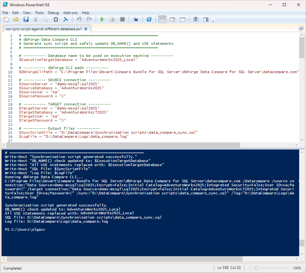 PowerShell ISE window showing a script file open and executed