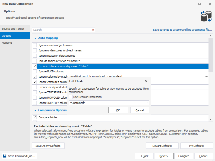 Exclude tables and views by mask