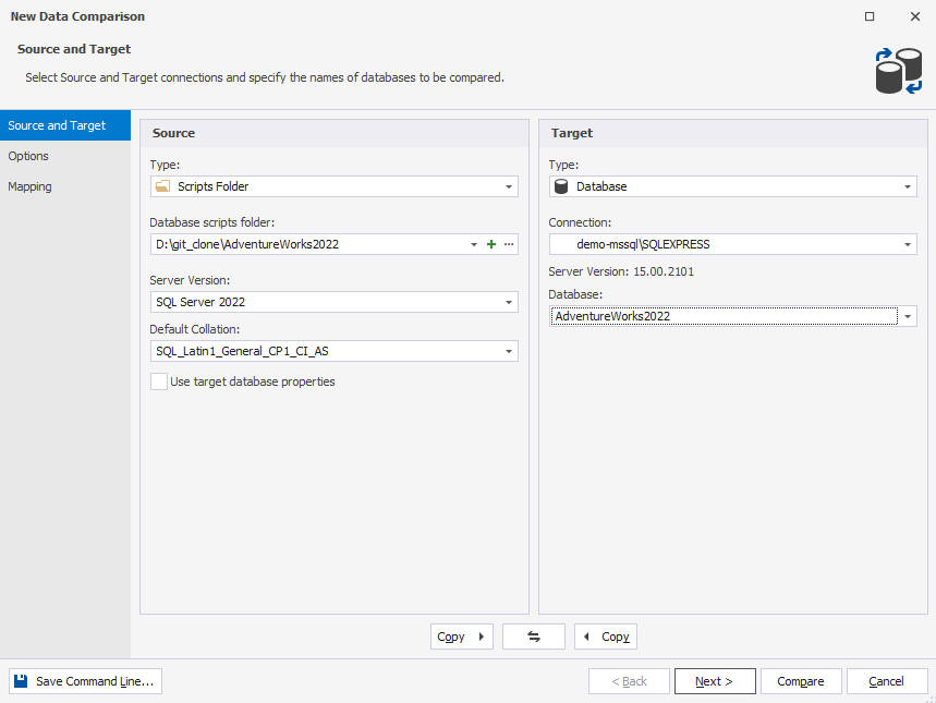 Set up source and target schema comparison options