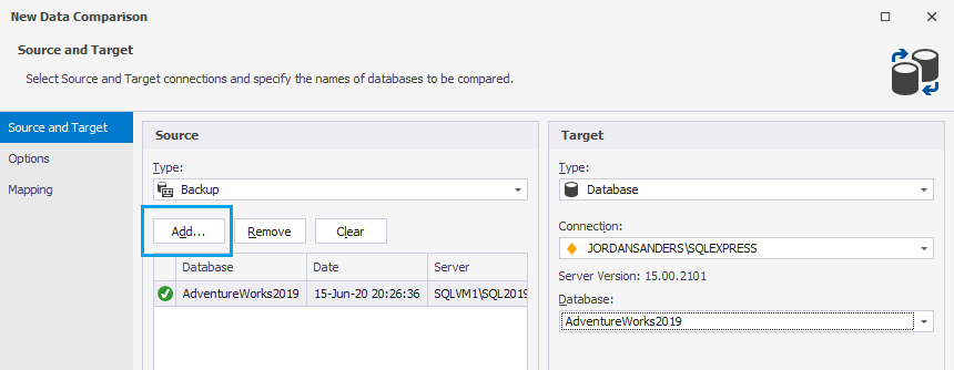 Set up source and target schema comparison options