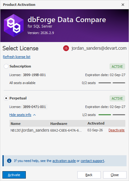 The Product Activation dialog - Multiple licenses