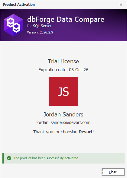 The Product Activation dialog - Successful activation of a trial license