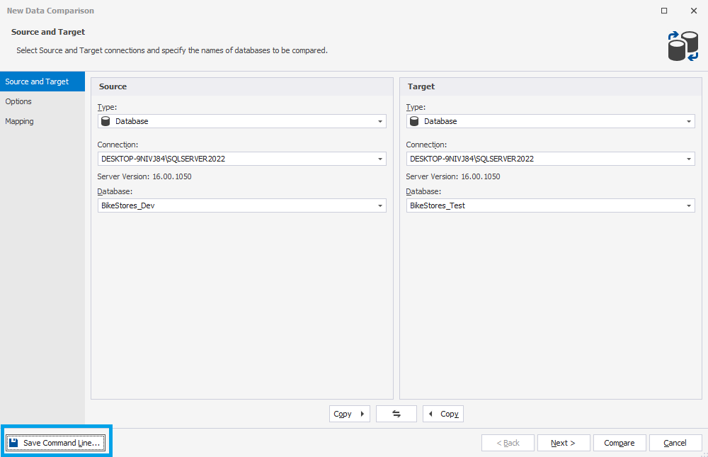 Select source and target databases to be compared