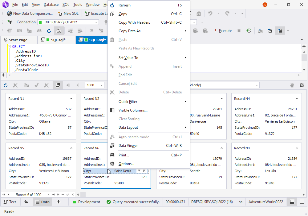 Viewing data - shortcut menu