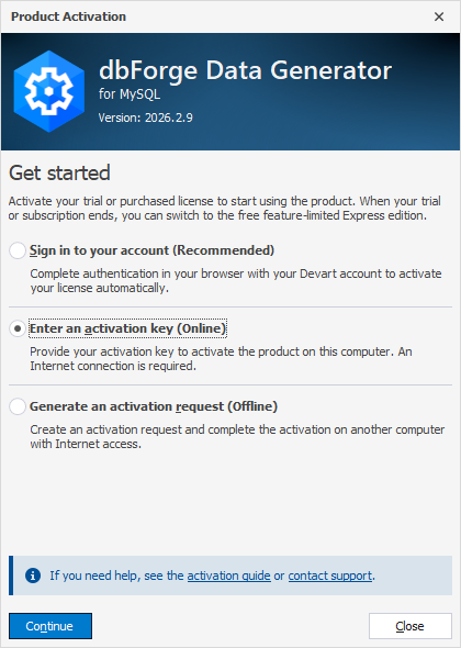 Select the Enter activation key option