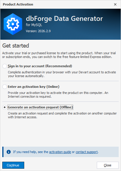 Select the Generate activation request option