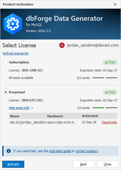 The Product Activation dialog - Multiple licenses