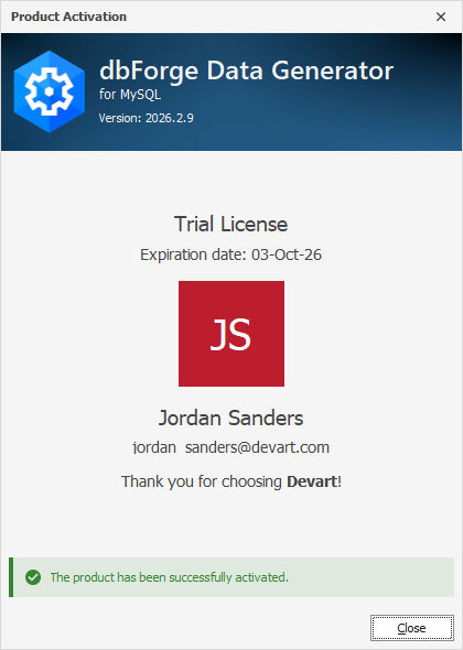 The Product Activation dialog - Successful activation of a trial license