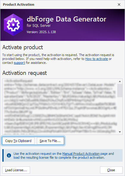 The Product Activation dialog with the activation request text