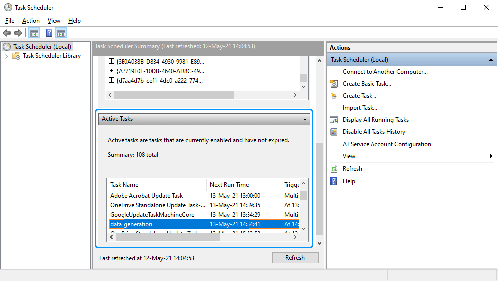 View the created task in the Active Tasks section of Task Scheduler