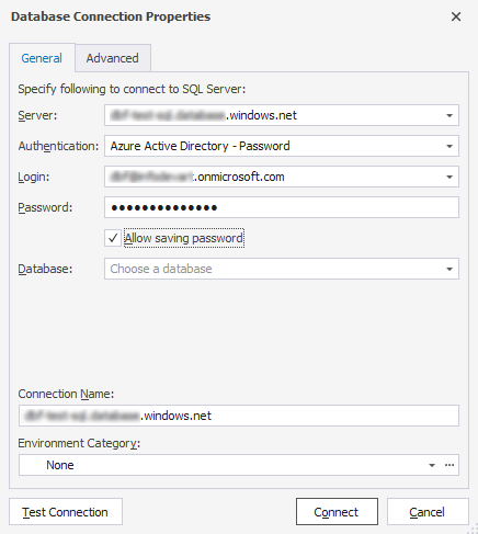 Connecting to the Azure database with Azure Active Directory - Password