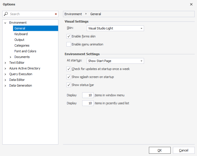 Options window