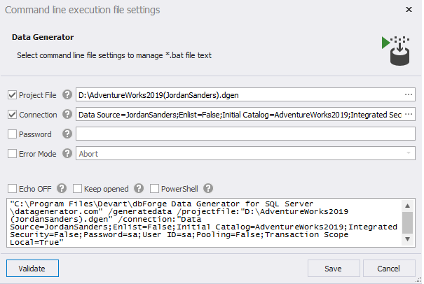 Data Generator execution file settings