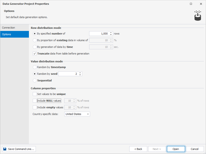 The Options page of the Data Generation Wizard with the data generation project configured