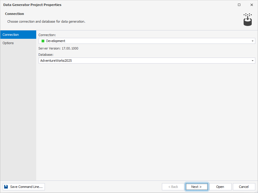 The Data Generator Project Properties page of the Data Generation Wizard with the connection and database specified