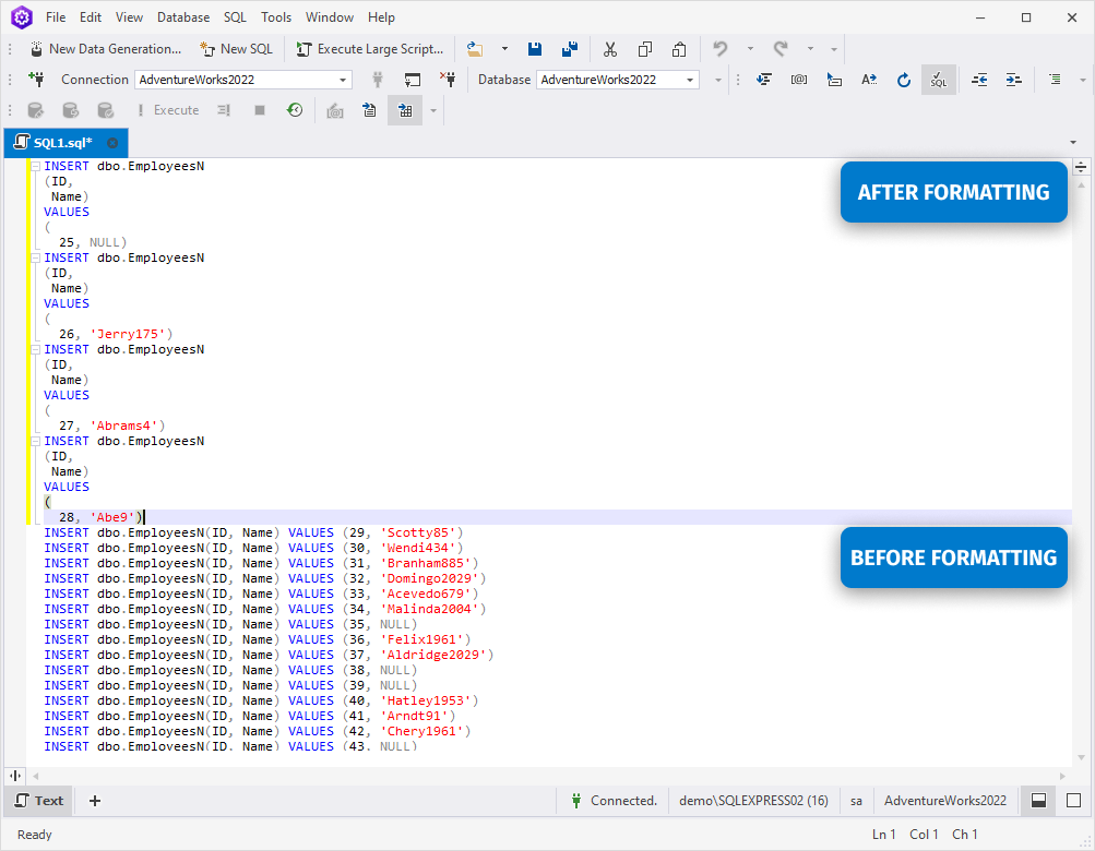 Working with SQL formatting