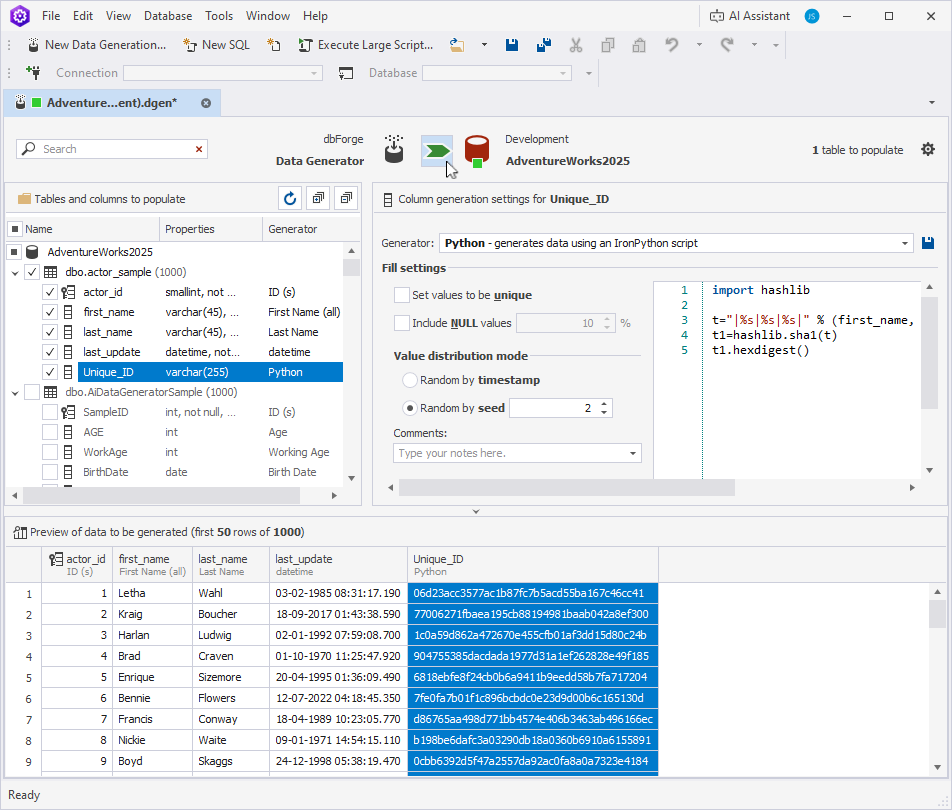 Data Generator project window with a table selected, the Unique_ID column highlighted, and the Python generator configured